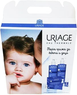 Uriage Set First Care For Babies And Children / Уриаж Комплект Първа Грижа За Бебета и Деца - Душ Крем 500 мл. + Хидратиращо Мляко За Тяло 500 мл. + Физиологичен серум - Монодози За Нос и Очи 18 броя по 5 мл. + Защитен Крем Против Подсичане 100 мл. + Хавл