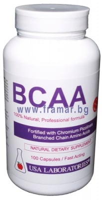 АМИНОКИСЕЛИНИ - РАЗКЛОНЕНА ВЕРИГА BCAA капсули * 100 USA LABORATORIES