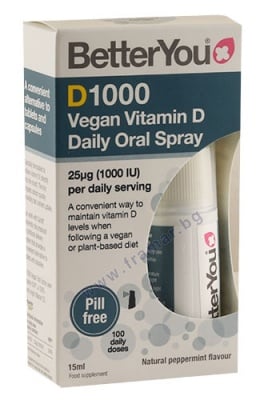 Better You Dlux 1000 Daily Vitamin D Oral Spray 15 ml / Бетър Ю Интра Орален спрей с Витамин Д Веган лукс 1000 IU 15 мл.