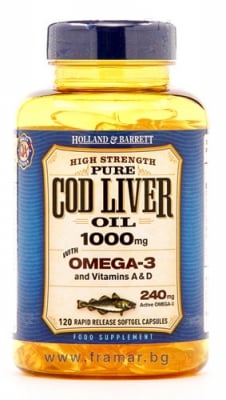 РИБЕНО МАСЛО ОТ ЧЕРЕН ДРОБ НА ТРЕСКА С ОМЕГА 3 И ВИТАМИНИ A И D капсули 1000 мг * 120 HOLLAND & BARRETT