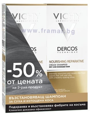 ВИШИ ДЕРКОС NUTRI ПОДХРАНВАЩ И ВЪЗСТАНОВЯВАЩ КРЕМ - ШАМПОАН ЗА СУХА И УВРЕДЕНА КОСА 200 мл * 2 бр.
