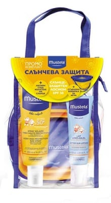 МУСТЕЛА КОМПЛЕКТ СЛЪНЦЕЗАЩИТЕН ЛОСИОН ЗА БЕБЕТА И ДЕЦА SPF 50+ 200 мл + ЛОСИОН ЗА СЛЕД СЛЪНЦЕ 125 мл + СГЪВАЕМА КОФИЧКА ЗА ИГРА