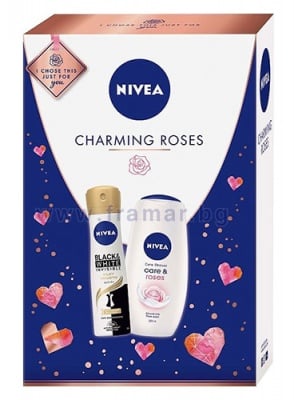 НИВЕА КОМПЛЕКТ CHARMING ROSES ДЕЗОДОРАНТ ИНВИЗИБЪЛ БЛЕК ЕНД УАЙТ СИЛКИ СМУТ 150 мл + ДУШ ГЕЛ КЕЪР ЕНД РОУЗИС 250 мл