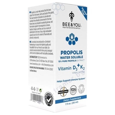 ВОДОРАЗТВОРИМ ЕКСТРАКТ ОТ ПРОПОЛИС 15% С ВИТАМИН D3+K2 30 мл BEE & YOU
