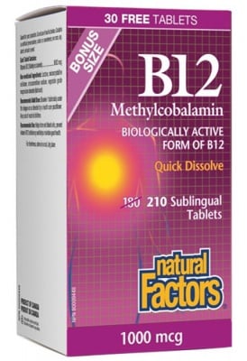 Vitamin B 12 1000 mcg 180 + 30 sublingual tablets Natural Factors / Витамин Б 12 1000 мкг. 180 + 30 сублингвални таблетки Натурал Факторс