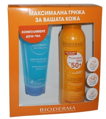 Bioderma Photoderm MAX Sun mist SPF 50+ 150 ml + Bioderma Atoderm Shower gel 100 ml / Макс Прозрачен спрей с висока слънцезащита за много светла кожа SPF 50+ 150 мл. + Биодерма Атодерм Душ-гел 100 мл.