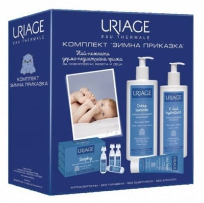 Uriage Baby Set WINTER FAIRYTALE Foaming cleansing soap for face, body, scalp 500 ml + Isophy Monodoses 5 ml 18 unidose + Gentle moisturizing milk 400 ml + Cold cream 75 ml / Уриаж Бебе Комплект ЗИМНА ПРИКАЗКА Нежен Душ-крем 500 мл. + Термална вода 18 доз